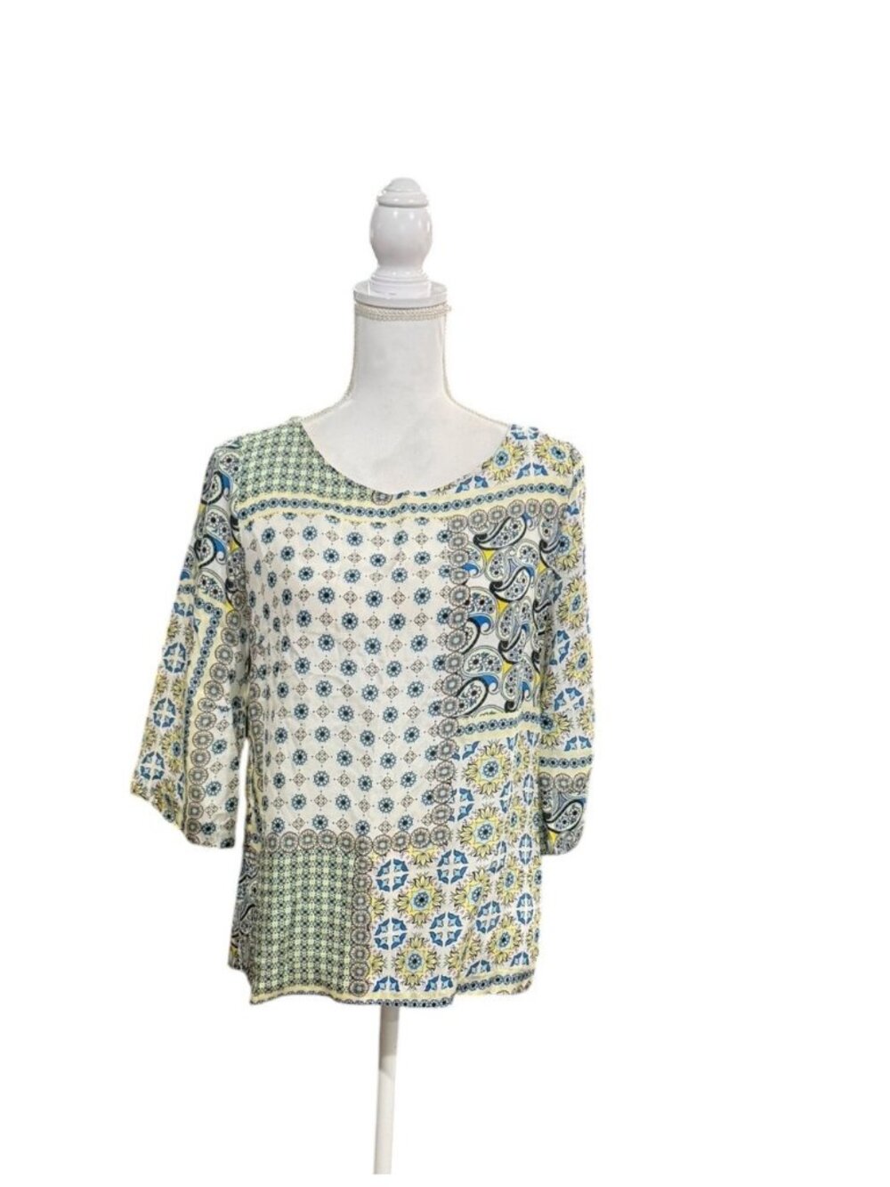 Caliban 100% Silk Patchwork Print Blouse 3/4 Sleeves Size 40/US 4